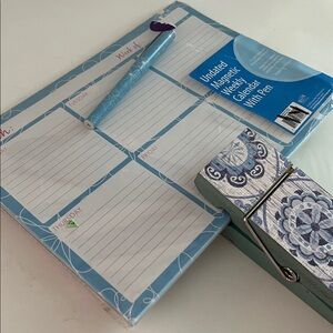 Blue and White Magnetic Calendar with Pen and giant paper clip.